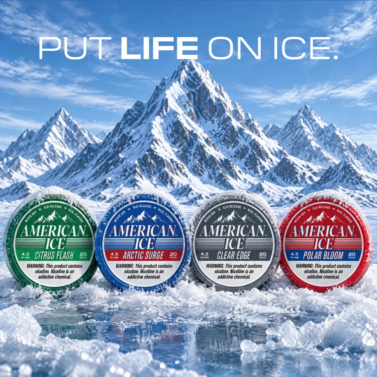 American Ice nicotine pouch tins on ice